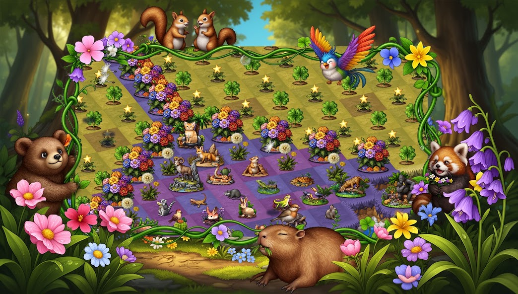 A Dragon&Elfs merge board surrounded by forest animals and flowers