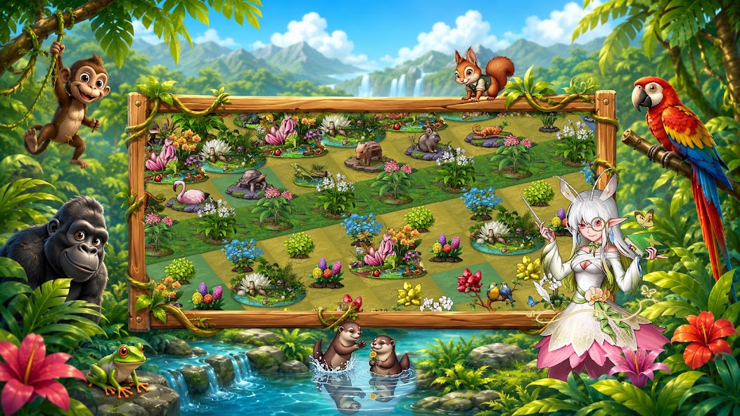 A Dragon&Elfs merge board in a bright jungle setting